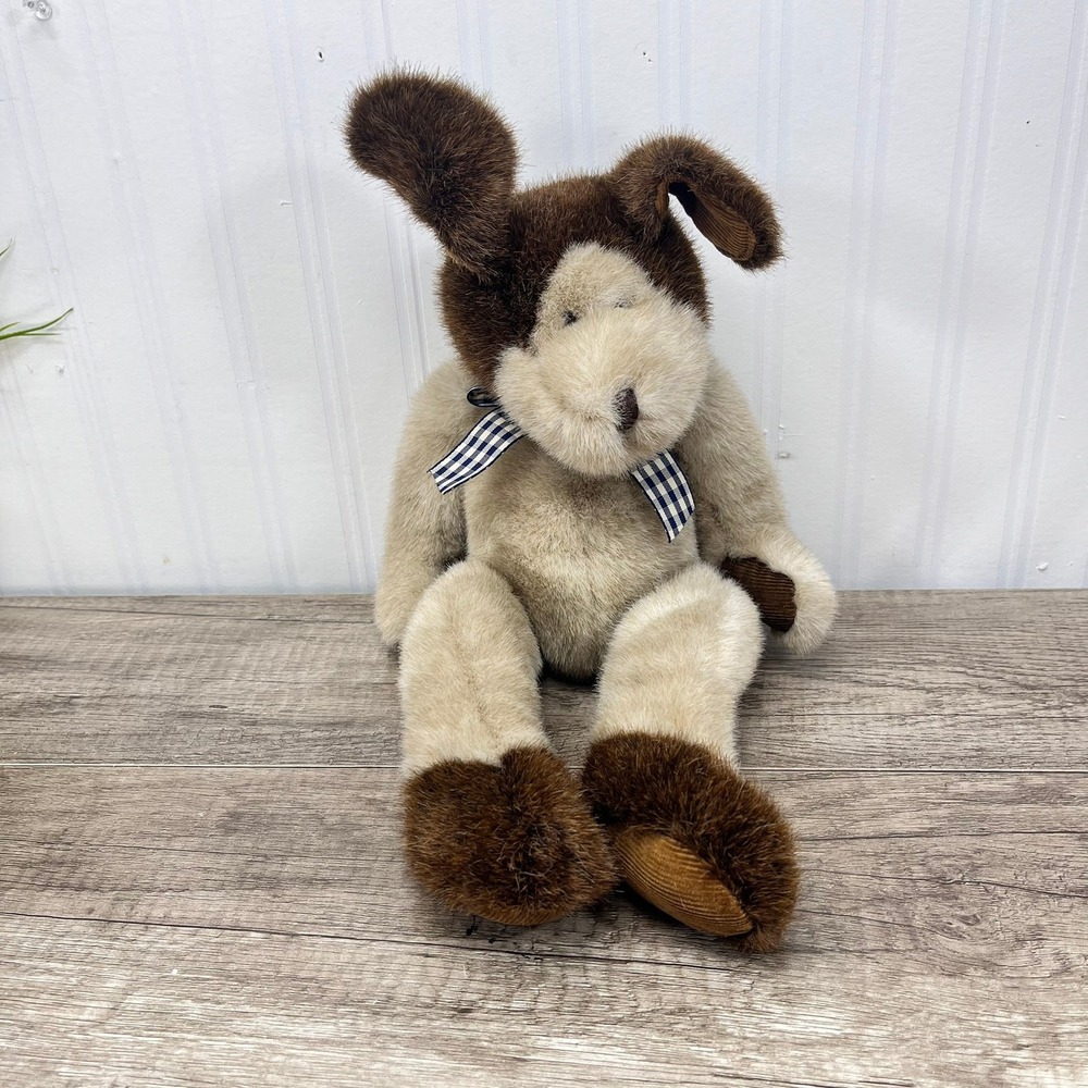 Russ Berrie Sandy Plush Dog Brown Tan Spotted Stuffed Animal Gingham Bow 10"